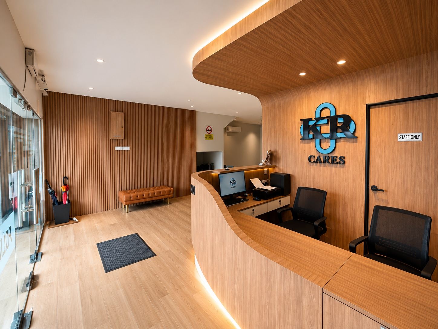 KR Cares clinic reception interior with warm wood paneling